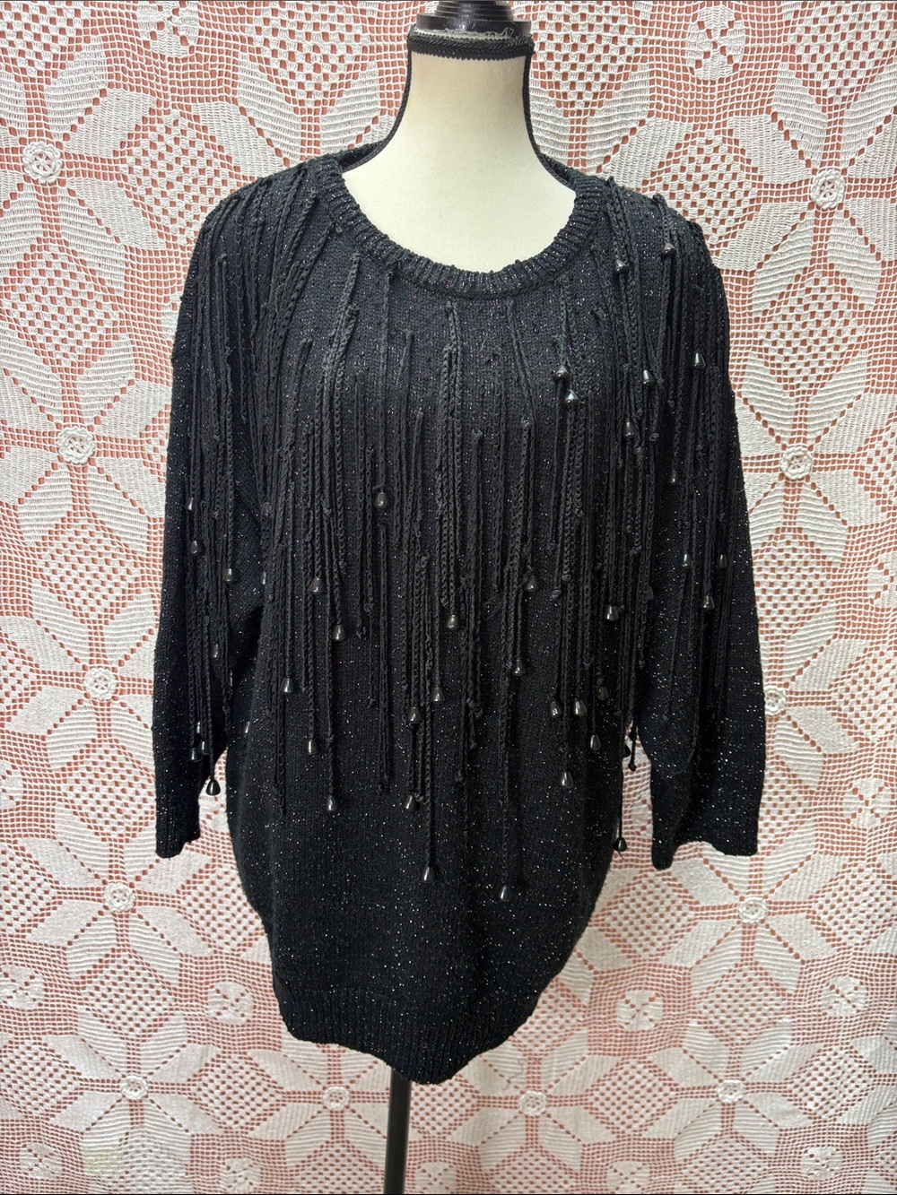 Vintage 80s Bonnie Bill Black Metallic Fringe Sweater – Statement Knit